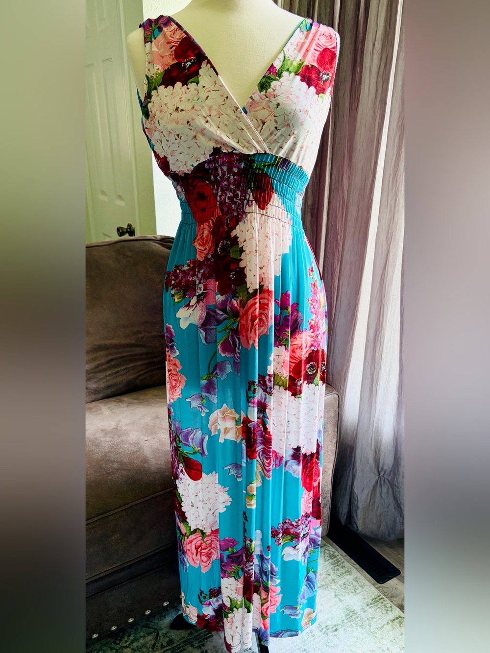 NEW XL floral maxi sundress v-neck ruched elastic waist blue red